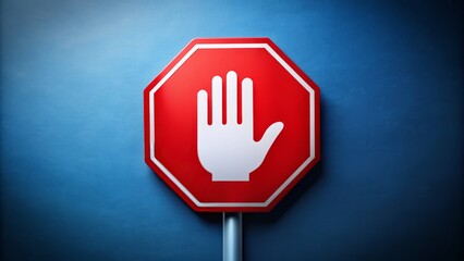 A bold red stop symbol with extended hand silhouette in white, set against a contrasting dark blue background, conveying prohibition or halt.