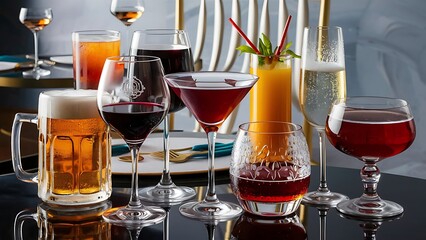 Wall Mural - Different alcohol drinks set  - beer, wine, cocktail,juice, champagne, scotch, soda