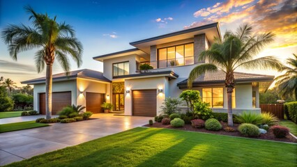 A bright, sun-kissed newly constructed modern home with a lush green lawn and palm trees stands in a tranquil Florida neighborhood surrounded by tropical foliage.