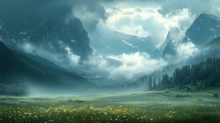 Wall Mural - A serene mountain landscape shrouded in mist with a vibrant meadow in the foreground.