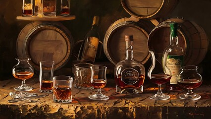 Wall Mural - Still life with different alcoholic drinks and wooden barrel