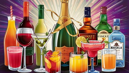 Wall Mural - Illustration of drinks, juices and alcoholic beverages