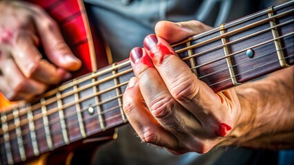 A close-up of a musician's hand revealing red, blistered fingers, gripping a guitar neck, conveying the painful dedication required to master the instrument.