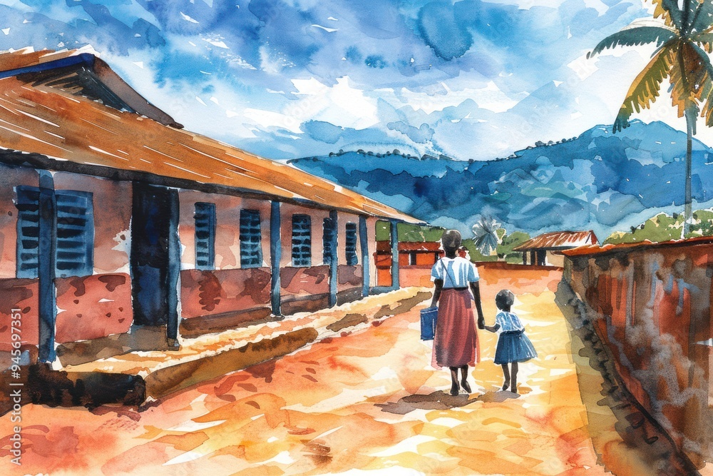 Watercolor painting of a rural village depicting a mother and daughter ...