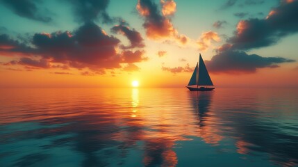 Wall Mural - Tranquil Sunset Over Calm Ocean with Silhouette of Sailboat and Vibrant Sky Reflections