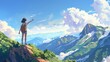 © Ayan - cartoon cute anime girl standing on a hill pointing to the next road to the top of a mountain