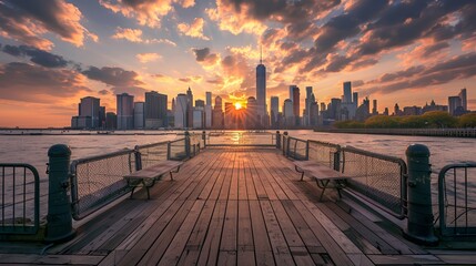 Wall Mural - Sunset over a city skyline viewed from a wooden pier by the water.