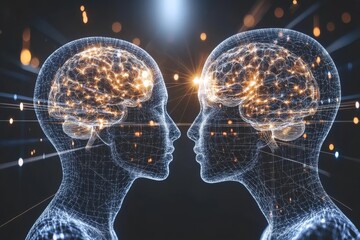 Poster - Futuristic illustration of two brains connected by glowing neural networks symbolizing the idea of shared knowledge technological advancement and the power of collaborative thinking