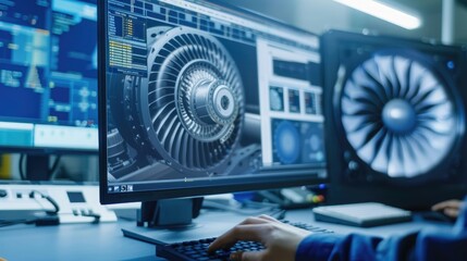 Poster - Close Up of a Desktop Computer Monitor Screen with 3D CAD Software with Prototype Jet Engine Project. Specialist Discussing Work, His Hand Visible In Front of the Screen.