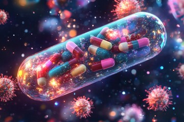 A creative, digital illustration of a large transparent capsule filled with smaller colorful pills