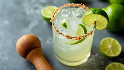 Close up view of margarita cocktails with lime pieces and wooden squeezer on grey surface on white