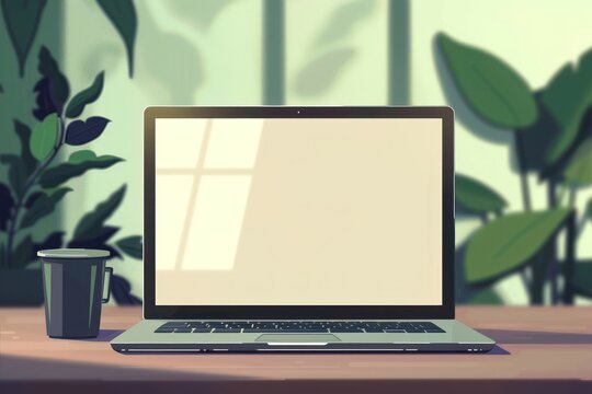 Laptop on a Desk with Greenery in the Background