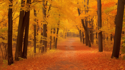 Wall Mural - Autumn Forest Trail Covered With Golden Yellow Leaves