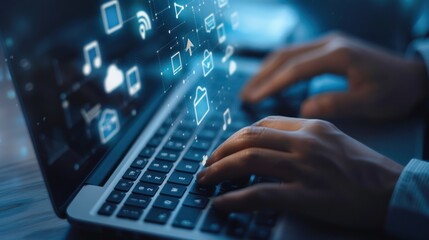 Poster - Person Working on Laptop with Digital Icons