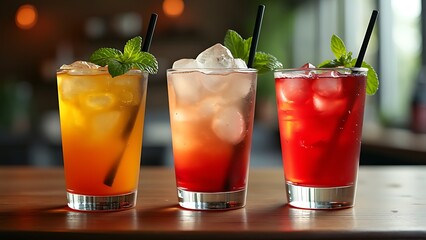 Wall Mural - Group of three soft drinks in various glasses with garnish