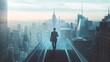 © Elkhan Babayev - Aspiring entrepreneur ascends staircase with determination, carrying a clipboard amidst the vast New York skyline. Embodying the pursuit of business objectives, professional growth, and triumph.