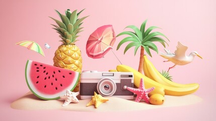 Wall Mural - Colorful summer collage with watermelon, instant camera, starfish, palm tree, banana, seagull, pineapple, and kite on a pink background. Retro halftone dotted cut-out design adds a vintage touch.