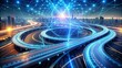 © Sirinporn - A futuristic highway converges with a swirling vortex ofbinary code and glowing nodes, representing the intersection of data and forward-thinking strategy in a digital landscape.