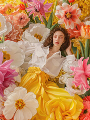 Sticker - fashion photo shoot for the magazine with huge flowers  with beautiful model in white shirt and yellow long skirt 