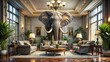 © Sirinporn - A large, majestic elephant stands prominently in a modern, upscale living room, awkwardly surrounded by elegant furniture and decor, symbolizing an unaddressed issue.