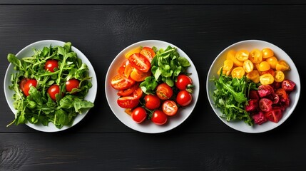 Vibrant Fresh Salad Plates with Cherry Tomatoes and Arugula on Dark Wooden Table