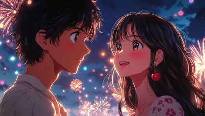 Wall Mural - A close-up of two anime characters sharing a moment, with the background showing vibrant fireworks in the sky. 