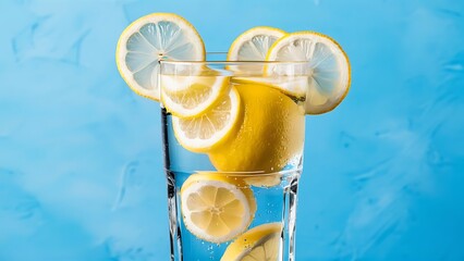 Transparent glasses with water and whole lemons on blue background