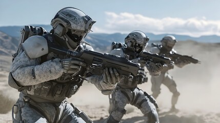 Elite Military Soldiers in Exoskeleton Suits Conducting Tactical Desert