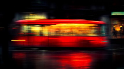 Wall Mural - A blurred red tram in a rainy urban setting, capturing movement and city life.