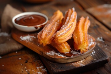 Freshly made churros with sugar and chocolate sauce served on a wooden platter at a cozy café