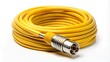 © Sirinporn - A neatly coiled yellow coaxial cable with a metallic connector and insulated wires, isolated on a white background, ideal for telecommunications and networking concepts.