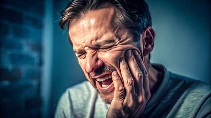 A person clutches their jaw in agony, eyes scrunched in pain, as they sit in a dimly lit room, emphasizing the misery of a severe toothache.