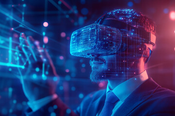 Virtual Reality Businessman: A businessman wearing a VR headset interacts with a futuristic digital interface, showcasing the potential of immersive technology in business. The image evokes a sense of