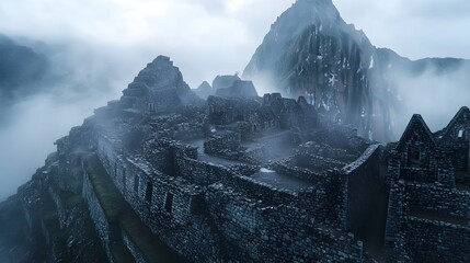 Machu Picchu s Haunting Ruins Shrouded in Early Morning Mist an Ancient Architectural Wonder in Peru