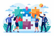 © Ouahdou - Jigsaw puzzle connection, teamwork partnership to help solve problem or challenge, cooperation or brainstorm to fit and match jigsaw pieces concept, businessman and woman help connect jigsaw puzzle.
