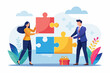 © Ouahdou - Jigsaw puzzle connection, teamwork partnership to help solve problem or challenge, cooperation or brainstorm to fit and match jigsaw pieces concept, businessman and woman help connect jigsaw puzzle.