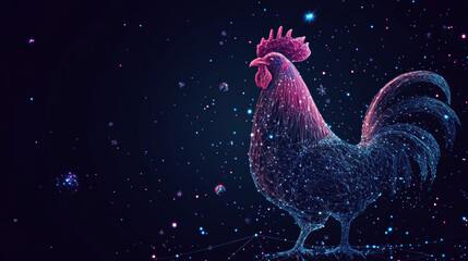 An abstract representation of a New Year rooster, designed as a starry sky or cosmic scene. This image features the rooster formed from a network of points, lines, and geometric shapes, resembling 