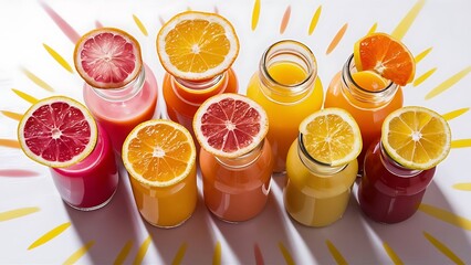 Top view of glass bottles of fresh juice with citrus fruits slices on white surface