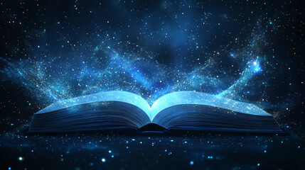 Poster - an abstract depiction of an open book, envisioned as a starry sky or cosmic expanse. the book is rep