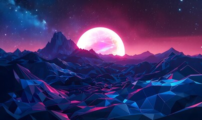 80s retro futuristic sci-fi. Retrowave VJ videogame landscape, neon lights and low poly terrain grid. Stylized vintage vaporwave 3d illustration background with mountains, sun and stars.