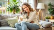 © Sirinporn - A serene, smiling woman sits on a couch, gently cradling a adorable gray and white cat, surrounded by soft natural light and cozy home decor.