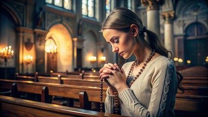 A serene and peaceful atmosphere pervades a dimly lit, ornate chapel as gentle hands grasp a rosary, eyes closed in quiet contemplation and reverence.