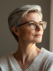 Leinwandbilder - A woman with short silver hair and glasses contemplates while looking out of a window, illuminated by warm afternoon sunlight in a cozy setting. Generative AI