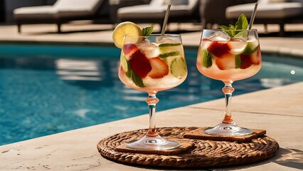 Two glasses with natural, delicious refreshing beverage at poolside