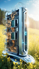 Poster - A futuristic quantum computer standing in a sunlit whimsical meadow. Concept of technology in harmony with nature.