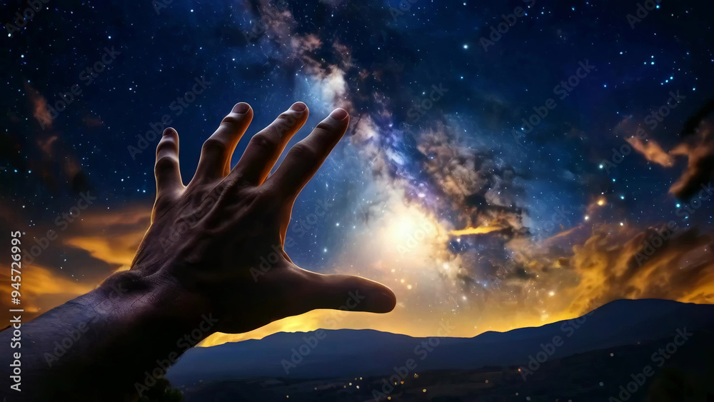 Hand reaching to the sky at night, showcasing a celestial scene with ...