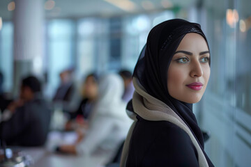 Portrait of beautiful muslim woman wearing abaya in office.