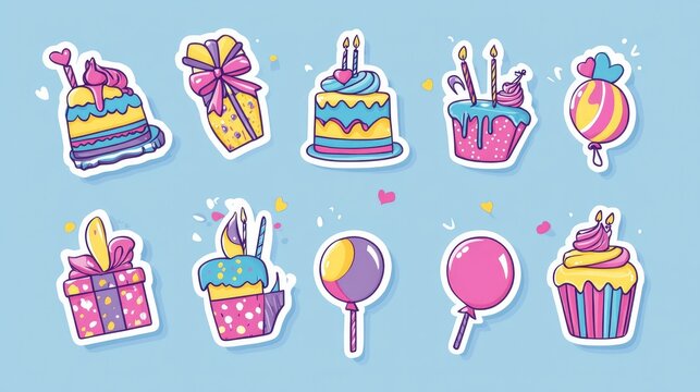 Vector set of retro birthday stickers with funky 90s designs, including cakes, gifts, and balloons. Ideal for creative holiday labels and playful party decorations.