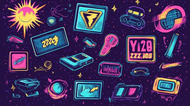 Vector set of retro Y2K labels and tags with a futuristic flair. Includes funky cartoon patches, stickers, and bracelet stamps in a groovy 90s grunge style.