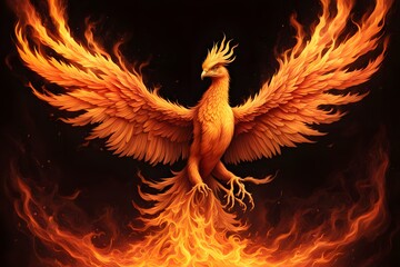 Wall Mural - A fiery phoenix rising from the flames with wings spread wide and flames trailing behind, Ai Generated